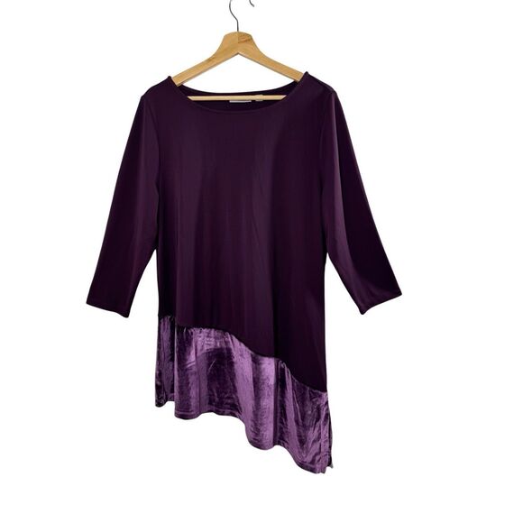 NWOT Susan Graver Purple 3/4 Sleeve Tunic Blouse Size L Velvet Asymmetrical Hem - Picture 7 of 9